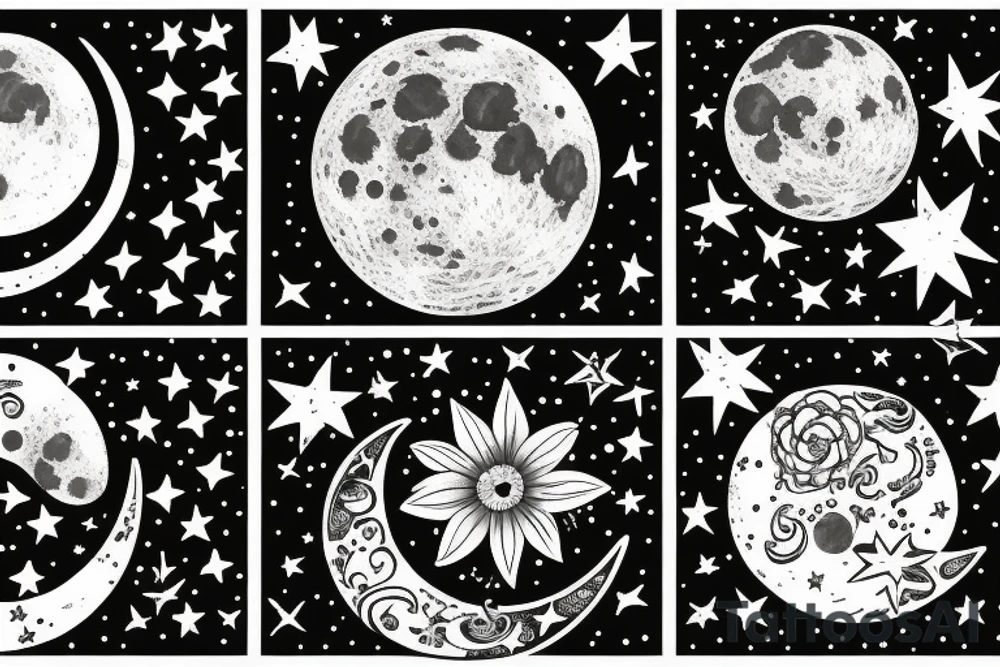 moon with two stars and flowers on the moon tattoo idea