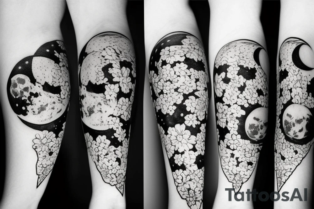 moon with two stars and flowers on the moon tattoo idea