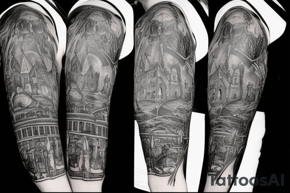 Dark gothic sleeve with a burning church and other occult influences tattoo idea