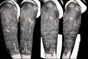 Dark gothic sleeve with a burning church and other occult influences tattoo idea