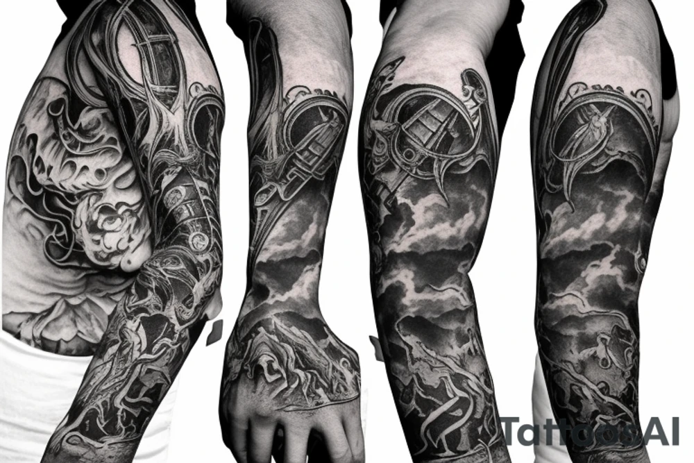Dark gothic sleeve with a burning church and other occult influences tattoo idea