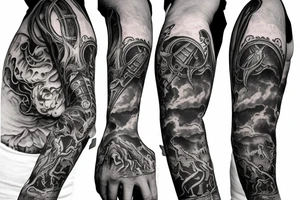 Dark gothic sleeve with a burning church and other occult influences tattoo idea
