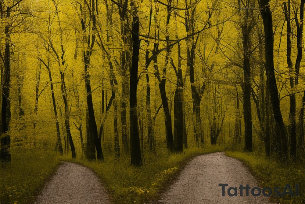 Two roads diverged in a yellow wood,
And sorry I could not travel both
And be one traveler, long I stood
And looked down one as far as I could
To where it bent in the undergrowth;

Then took the other, as just as fair,
And having perhaps the better claim,
Because it was grassy and wanted wear;
Though as for that the passing there
Had worn them really about the same,

And both that morning equally lay
In leaves no step had trodden black.
Oh, I kept the first for another day!
Yet knowing how way leads on to way,
I doubted if I should ever come back.

I shall be telling this with a sigh
Somewhere ages and ages hence:
Two roads diverged in a wood, and I—
I took the one less traveled by,
And that has made all the difference. tattoo idea