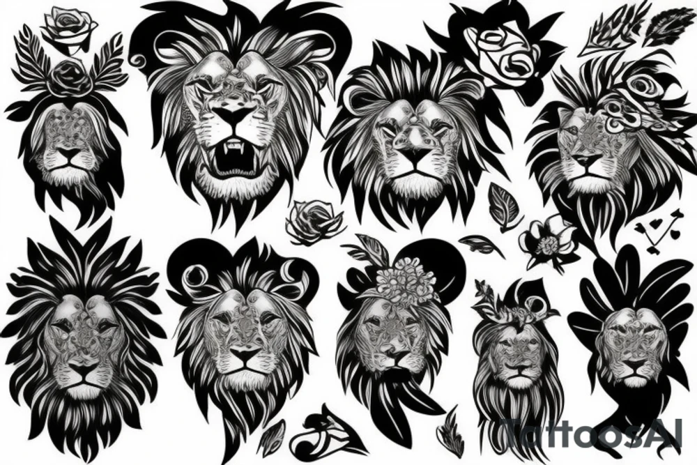 lion face with flowers around his head tattoo idea