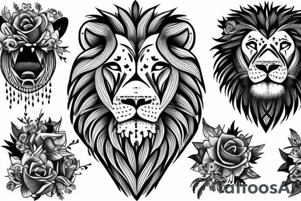 lion face with flowers around his head tattoo idea