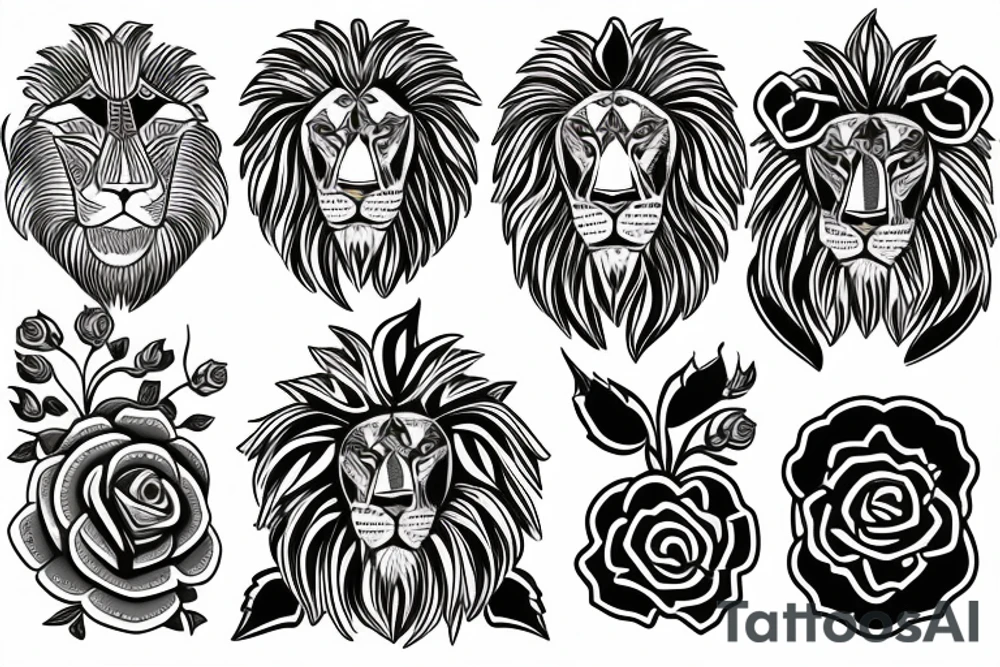 Art deco lion surrounded by 3 roses and jewels tattoo idea