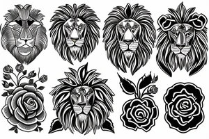 Art deco lion surrounded by 3 roses and jewels tattoo idea