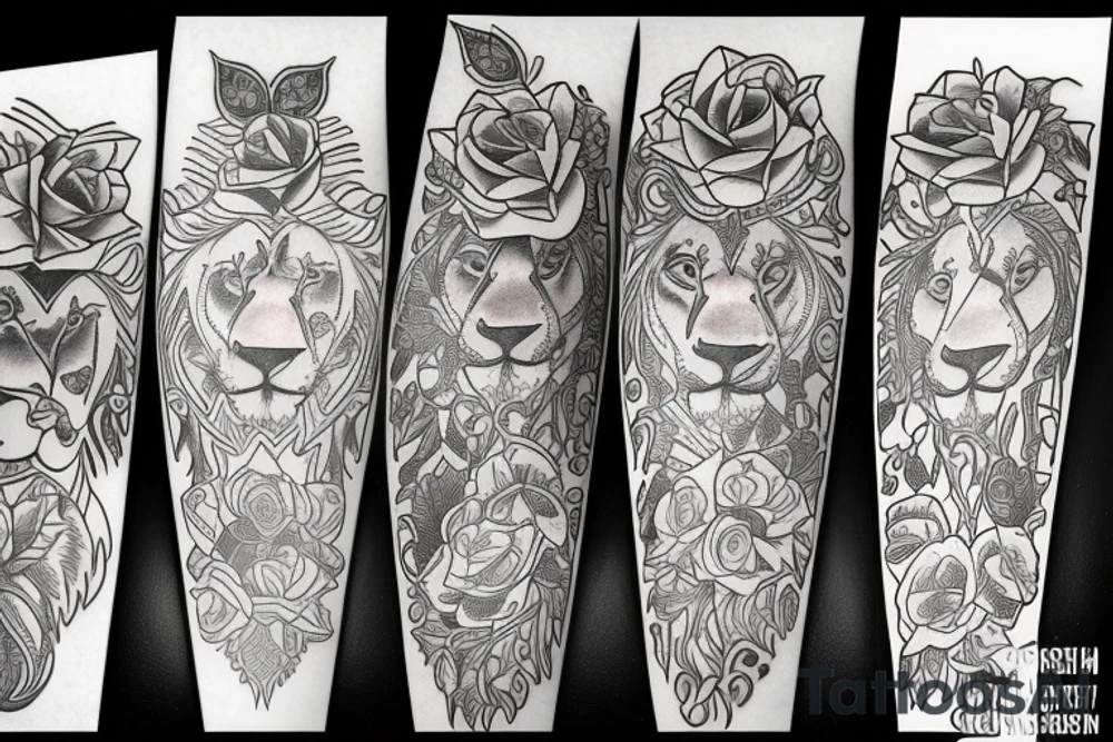 Art deco lion surrounded by 3 roses and jewels tattoo idea