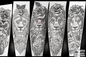 Art deco lion surrounded by 3 roses and jewels tattoo idea