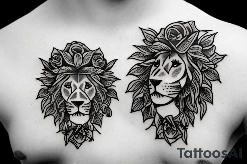 lion head with three roses near bottom tattoo idea