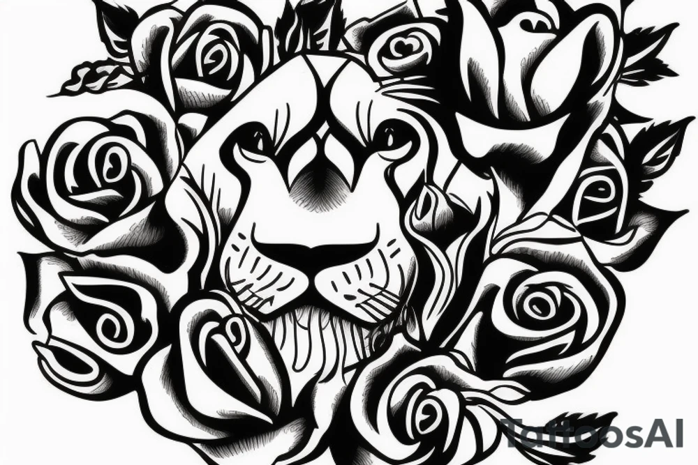 lion head with three roses near bottom tattoo idea