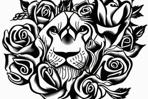 lion head with three roses near bottom tattoo idea