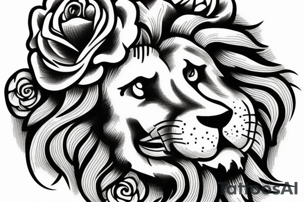 Neo classical
lion head with three roses near bottom tattoo idea