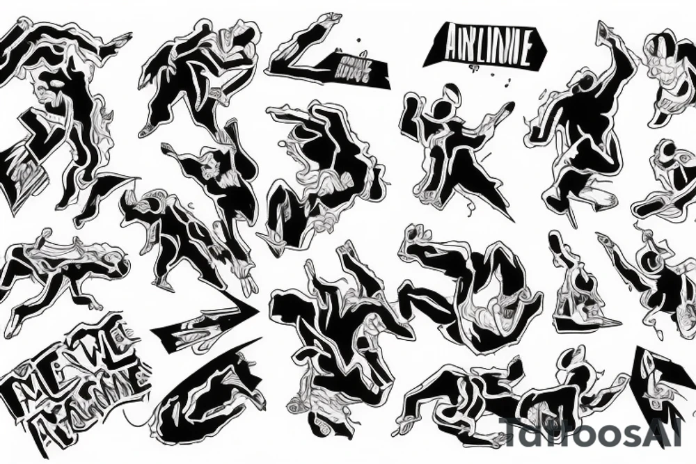 Adrenaline scheme with a man falling without control from on side and from the other falling down tattoo idea