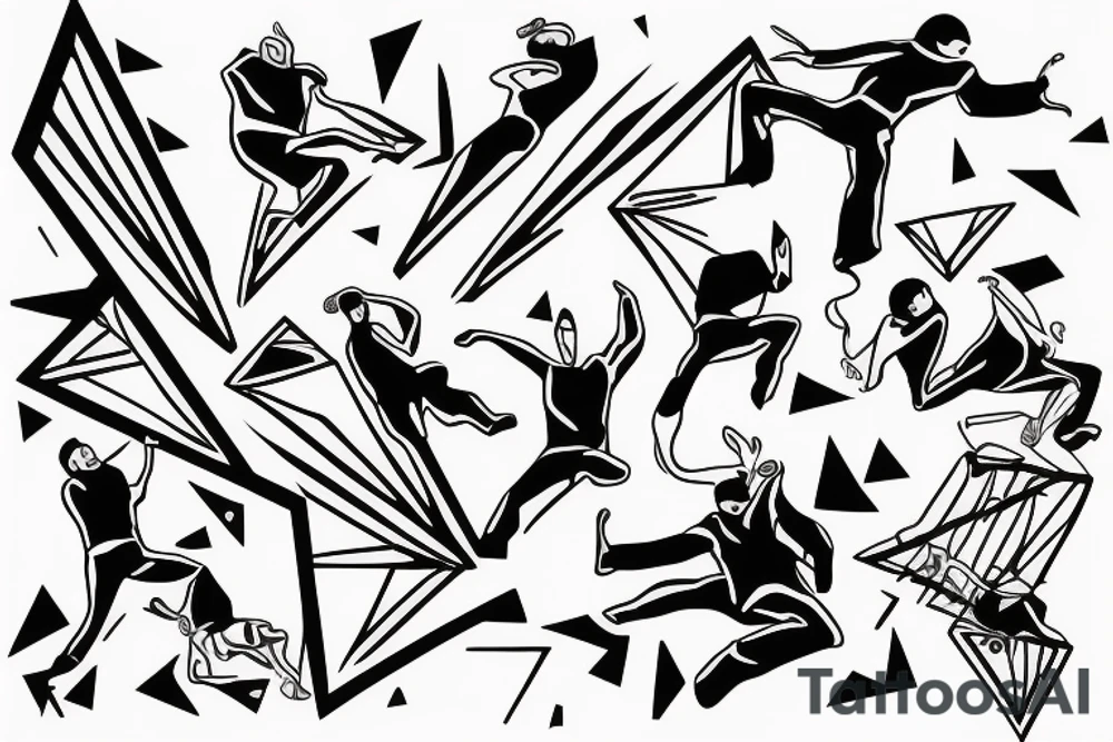 Adrenaline scheme with a man falling withcontrol from on side and from the other falling down tattoo idea