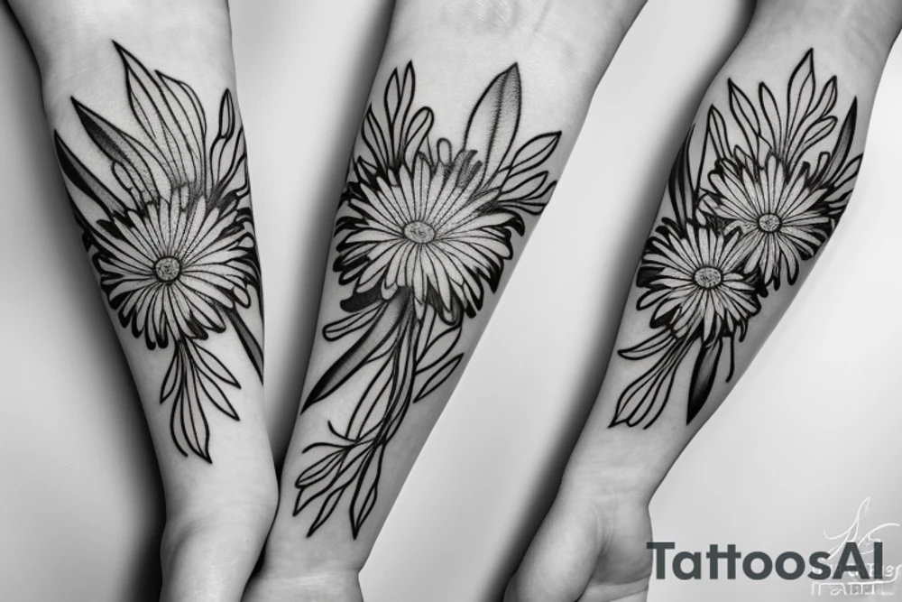 fine line with a daisy, peony, tulip and gladiola in a bouquet tattoo idea