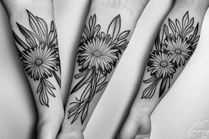 fine line with a daisy, peony, tulip and gladiola in a bouquet tattoo idea