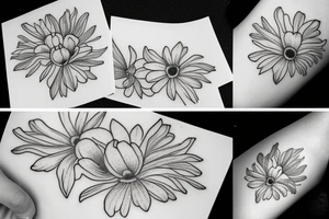 fine line with a daisy, peony, tulip and gladiola in a bouquet tattoo idea