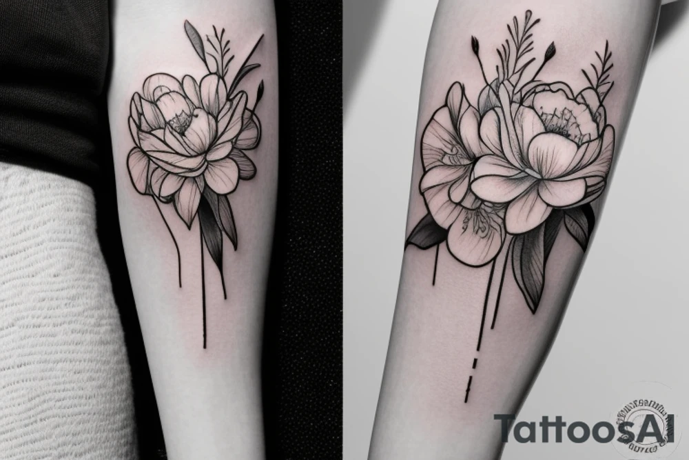 daisy, peony, tulip and gladiola in a bouquet tattoo idea