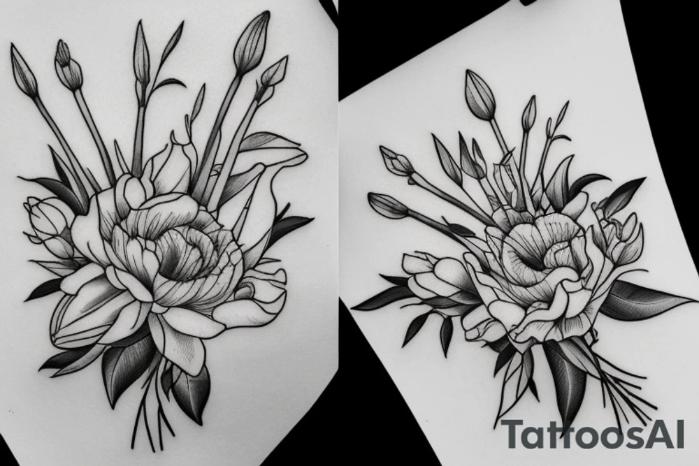 daisy, peony, tulip and gladiola in a bouquet tattoo idea
