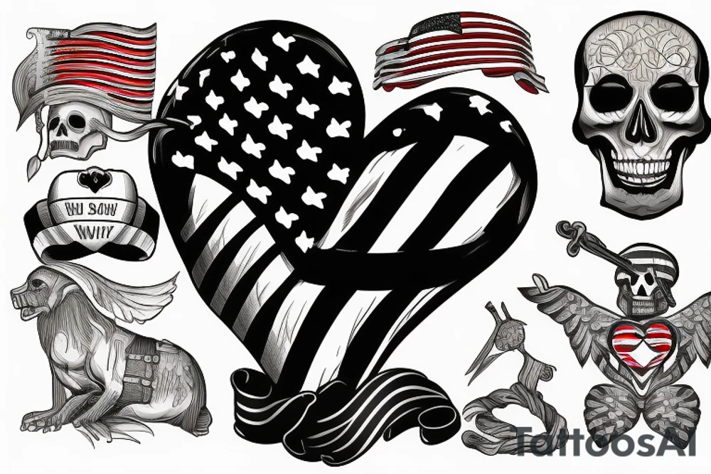 American Skeleton soldier with a visible heart carrying a American flag tattoo idea