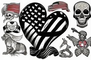 American Skeleton soldier with a visible heart carrying a American flag tattoo idea