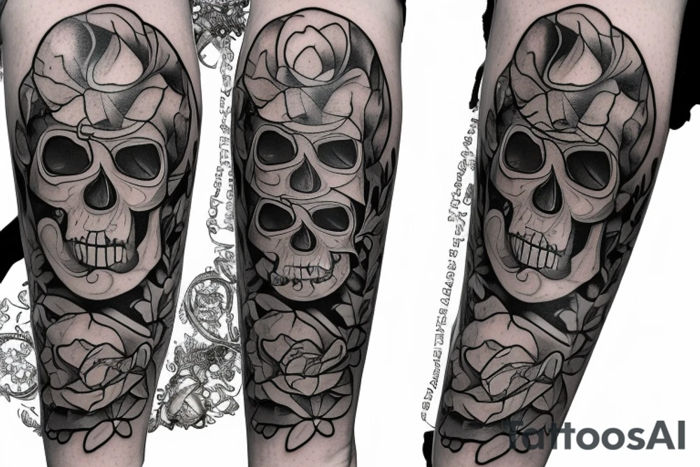 Holly flower, Narcissus flower, aster flower, morning glory flower, larkspurs flower, rose flower with a hidden skull battling depression and sadness while becoming tougher emotionally. tattoo idea