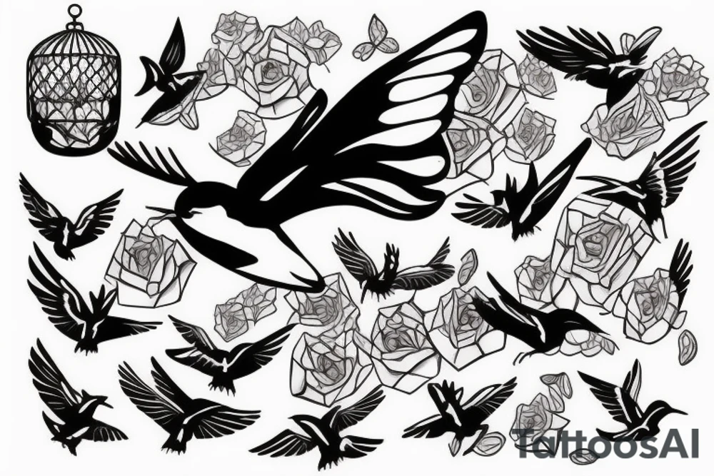 Swallow escaping, flying from a cage tattoo idea