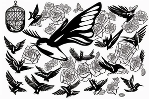 Swallow escaping, flying from a cage tattoo idea