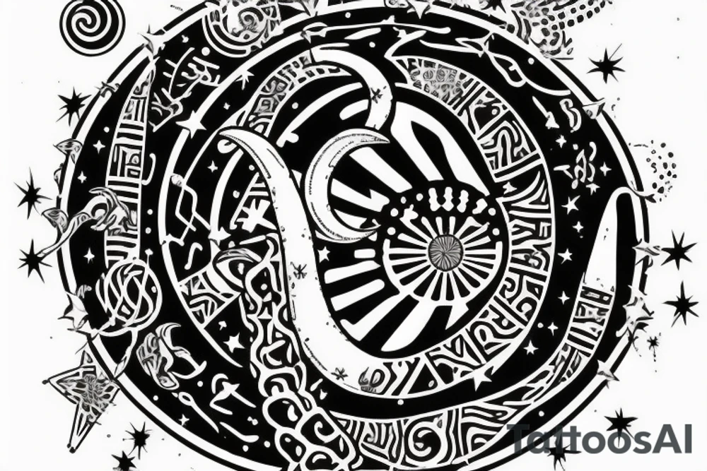 cosmic finger print for zodiac sign aquarius, showing a waning gibbous moon on top of a metalic snake with the lucky numbers 8,2 & 9 and lucky plants orchid, cactus with a compass aiming NE,SW,S tattoo idea