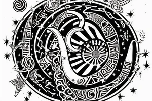 cosmic finger print for zodiac sign aquarius, showing a waning gibbous moon on top of a metalic snake with the lucky numbers 8,2 & 9 and lucky plants orchid, cactus with a compass aiming NE,SW,S tattoo idea