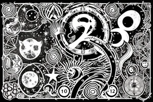 cosmic finger print for zodiac sign aquarius, showing a waning gibbous moon on top of a metalic snake with the lucky numbers 8,2 & 9 and lucky plants orchid, cactus with a compass aiming NE,SW,S tattoo idea
