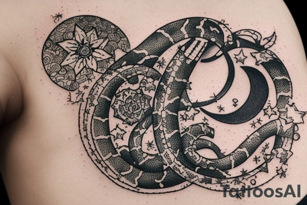 cosmic finger print for zodiac sign aquarius, showing a waning gibbous moon on top of a metalic snake with the lucky numbers 8,2 & 9 and lucky plants orchid, cactus with a compass aiming NE,SW,S tattoo idea