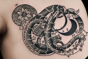 cosmic finger print for zodiac sign aquarius, showing a waning gibbous moon on top of a metalic snake with the lucky numbers 8,2 & 9 and lucky plants orchid, cactus with a compass aiming NE,SW,S tattoo idea