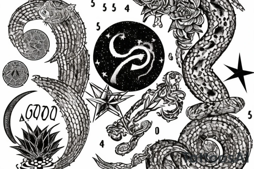 cosmic finger print for zodiac sign aquarius, showing a waning gibbous moon on top of a metalic snake with the lucky numbers 8,2 & 9 and lucky plants orchid, cactus with a compass aiming NE,SW,S tattoo idea