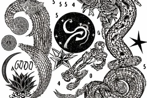 cosmic finger print for zodiac sign aquarius, showing a waning gibbous moon on top of a metalic snake with the lucky numbers 8,2 & 9 and lucky plants orchid, cactus with a compass aiming NE,SW,S tattoo idea