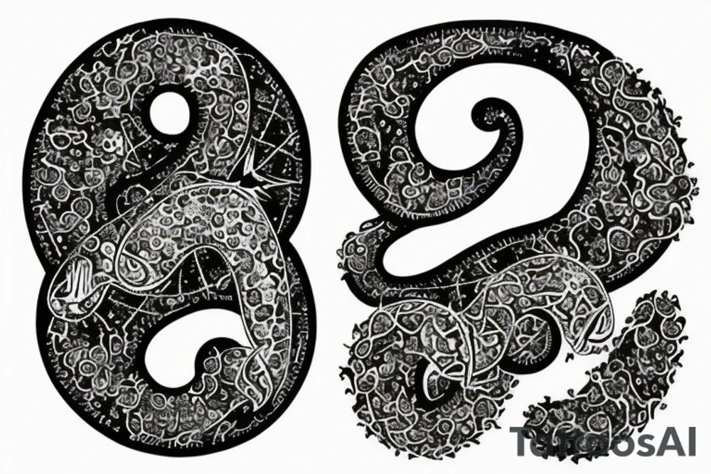 cosmic finger print for zodiac sign aquarius, showing a waning gibbous moon on top of a metalic snake with the lucky numbers 8,2 & 9 orchid, cactus tattoo idea