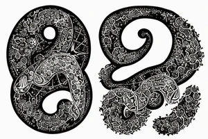 cosmic finger print for zodiac sign aquarius, showing a waning gibbous moon on top of a metalic snake with the lucky numbers 8,2 & 9 orchid, cactus tattoo idea