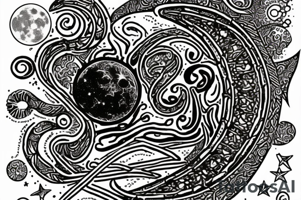 cosmic finger print for zodiac sign aquarius, showing a waning gibbous moon on top of a metalic snake with the lucky numbers 8,2 & 9 orchid, cactus tattoo idea