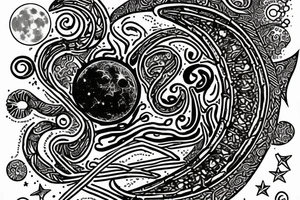 cosmic finger print for zodiac sign aquarius, showing a waning gibbous moon on top of a metalic snake with the lucky numbers 8,2 & 9 orchid, cactus tattoo idea