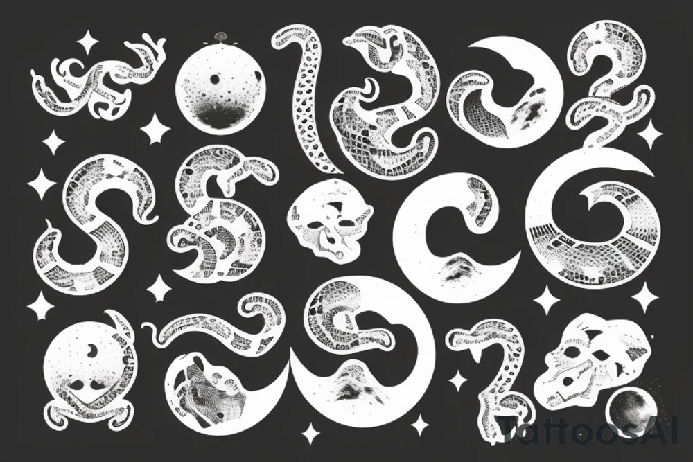 METALIC SNAKE sitting on waning gibbous moon with numbers 8,2 & 9 on the moon craters tattoo idea