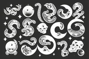 METALIC SNAKE sitting on waning gibbous moon with numbers 8,2 & 9 on the moon craters tattoo idea