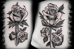 A cross with a rose on the right and a poppy on the left tattoo idea