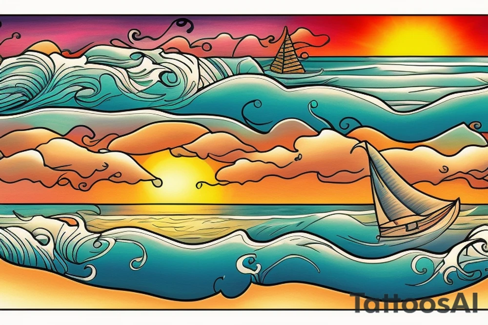 A sunset on the beach with waves tattoo idea