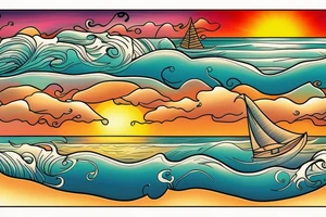 A sunset on the beach with waves tattoo idea