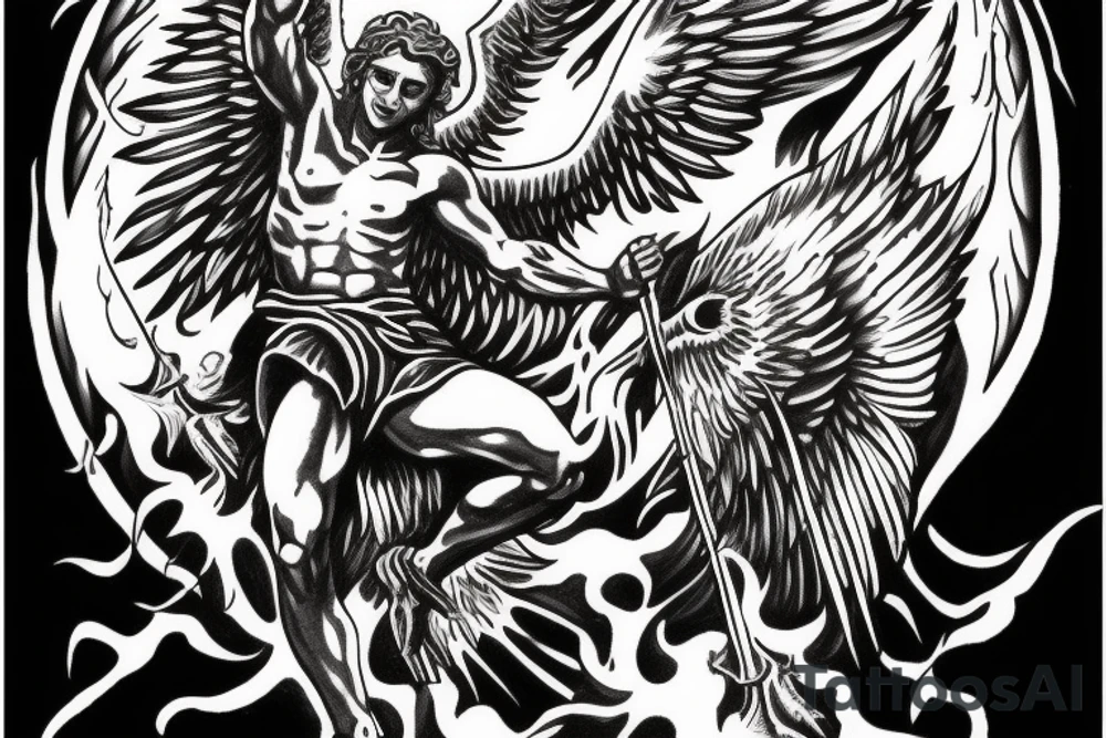 Archangel Michael casting Satan to hell tattoo idea