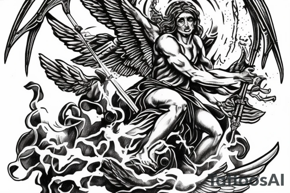 Archangel Michael casting Satan to hell tattoo idea