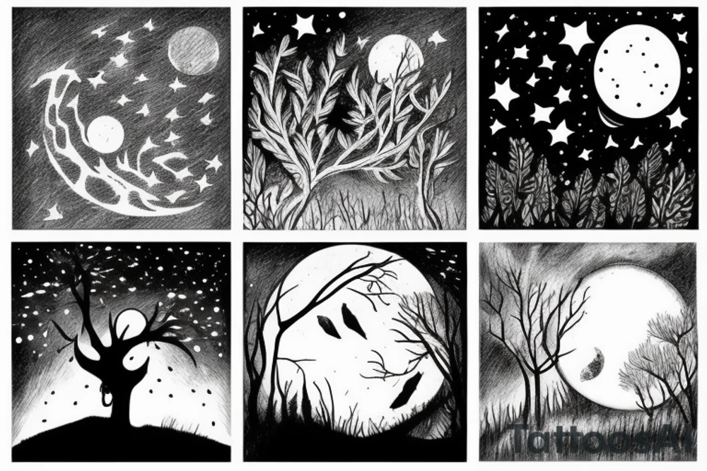 Forrest scene, with moon looking into the stars above tattoo idea