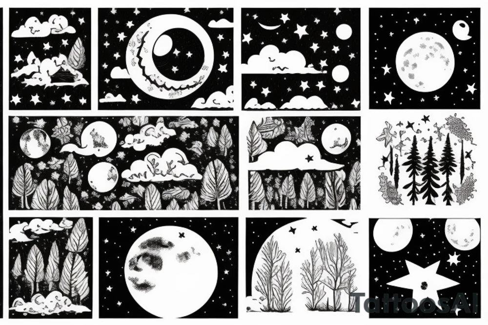 Forrest scene, with moon looking into the stars above tattoo idea