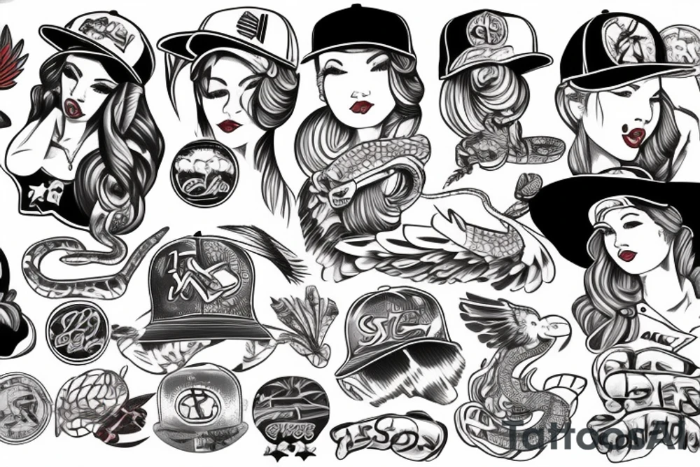 Neo-traditional pinup girl with tattoos on her that is wearing a baseball hat with and eagle and a snake on either side of her in a USA baseball looking uniform tattoo idea